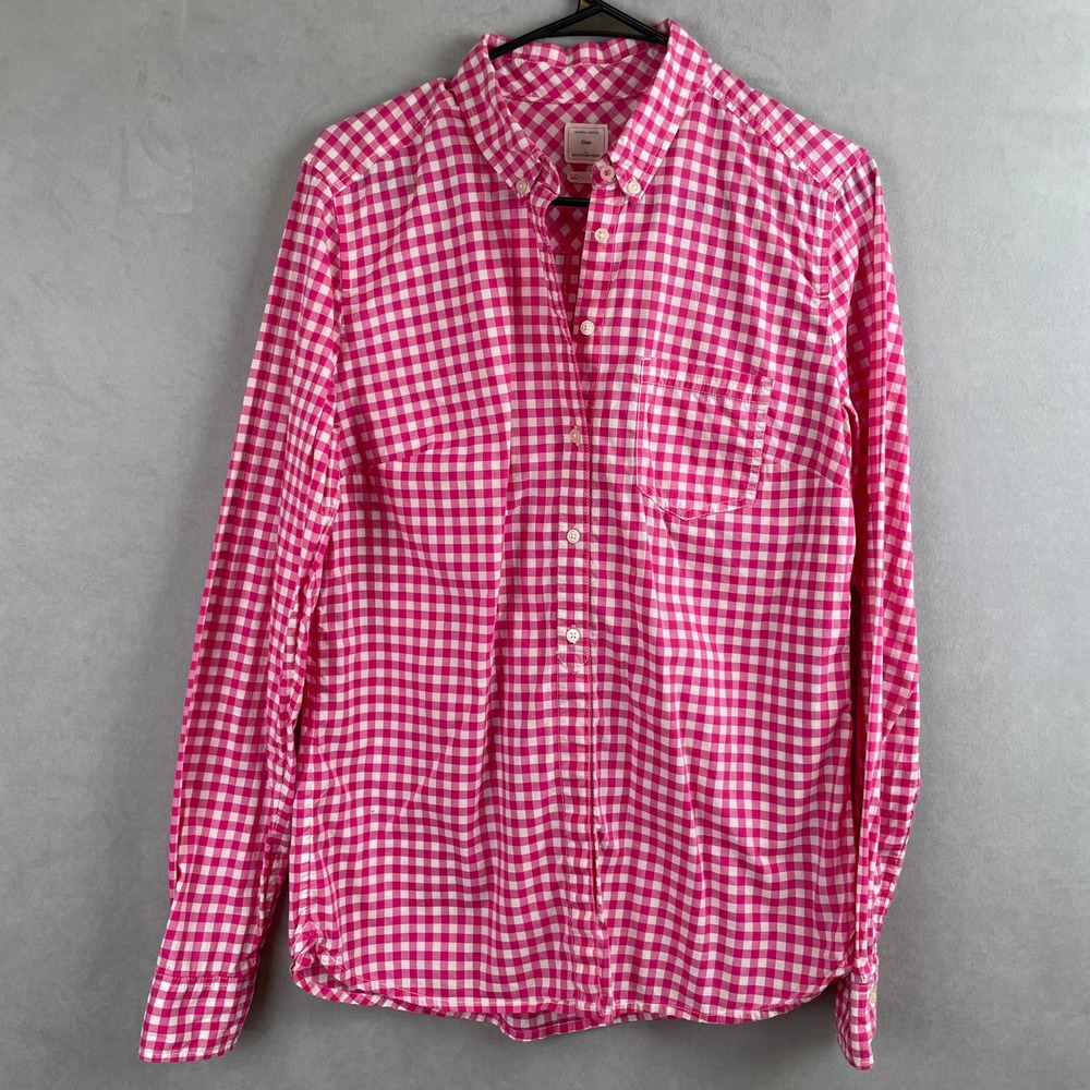 Gap Pink Gingham Shrunken Boyfriend Button Down Shirt S Tall Girly Picnic Barbie